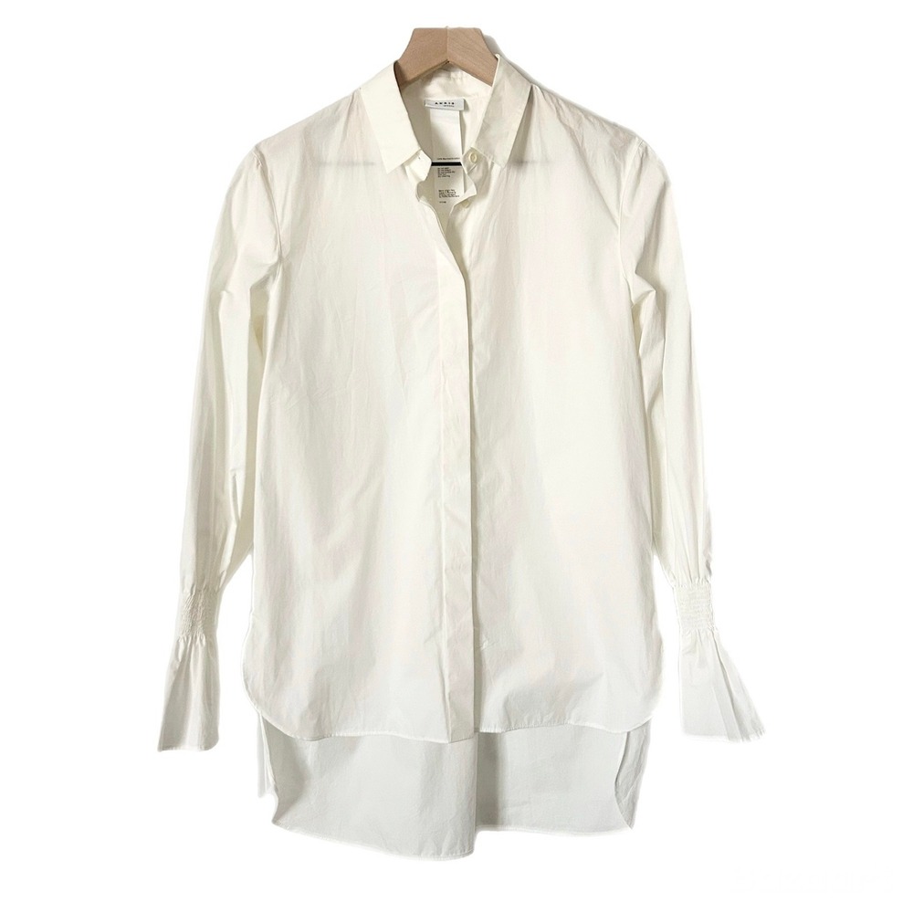 Akris Punto Shirt 100% Cotton White Smocked Cuff High-Low Hem Size 4 US - Picture 2 of 7